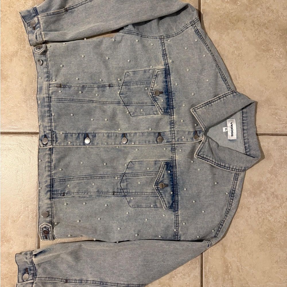 Vigoss Light Blue Jean Jacket with Pearl Accents